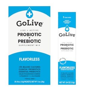 GoLIVE PROBIOTIC + PREBIOTIC SYNBIOTIC POWDER BLEND, Flavorless/Sugarless,for Women, Men & Kids For Better Gut Health,Digestion,Metabolism,Immunity, 10B-50B CFUs, Bimuno GOS+Vitamin D3+L-glutamine