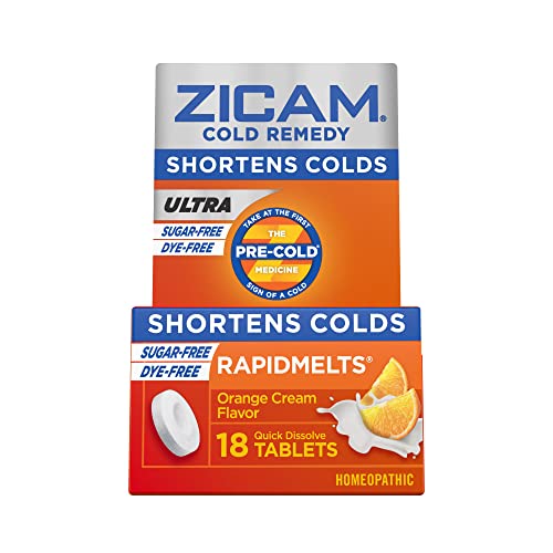 Zicam Ultra Cold Remedy Zinc Rapidmelts, Orange Cream Flavor, Homeopathic, Cold Shortening Medicine, Shortens Cold Duration, Sugar-Free, Dye-Free, 18 Count