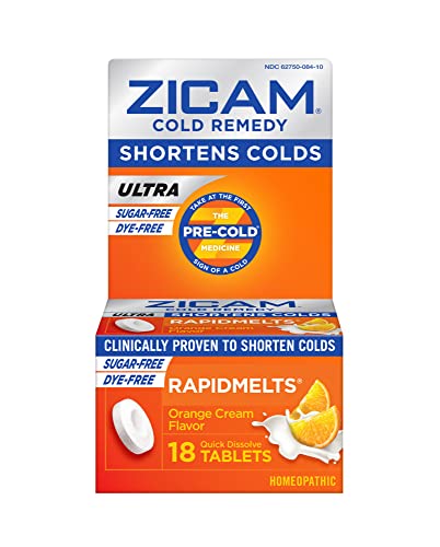 Zicam Ultra Cold Remedy Zinc Rapidmelts, Orange Cream Flavor, Homeopathic, Cold Shortening Medicine, Shortens Cold Duration, Sugar-Free, Dye-Free, 18 Count