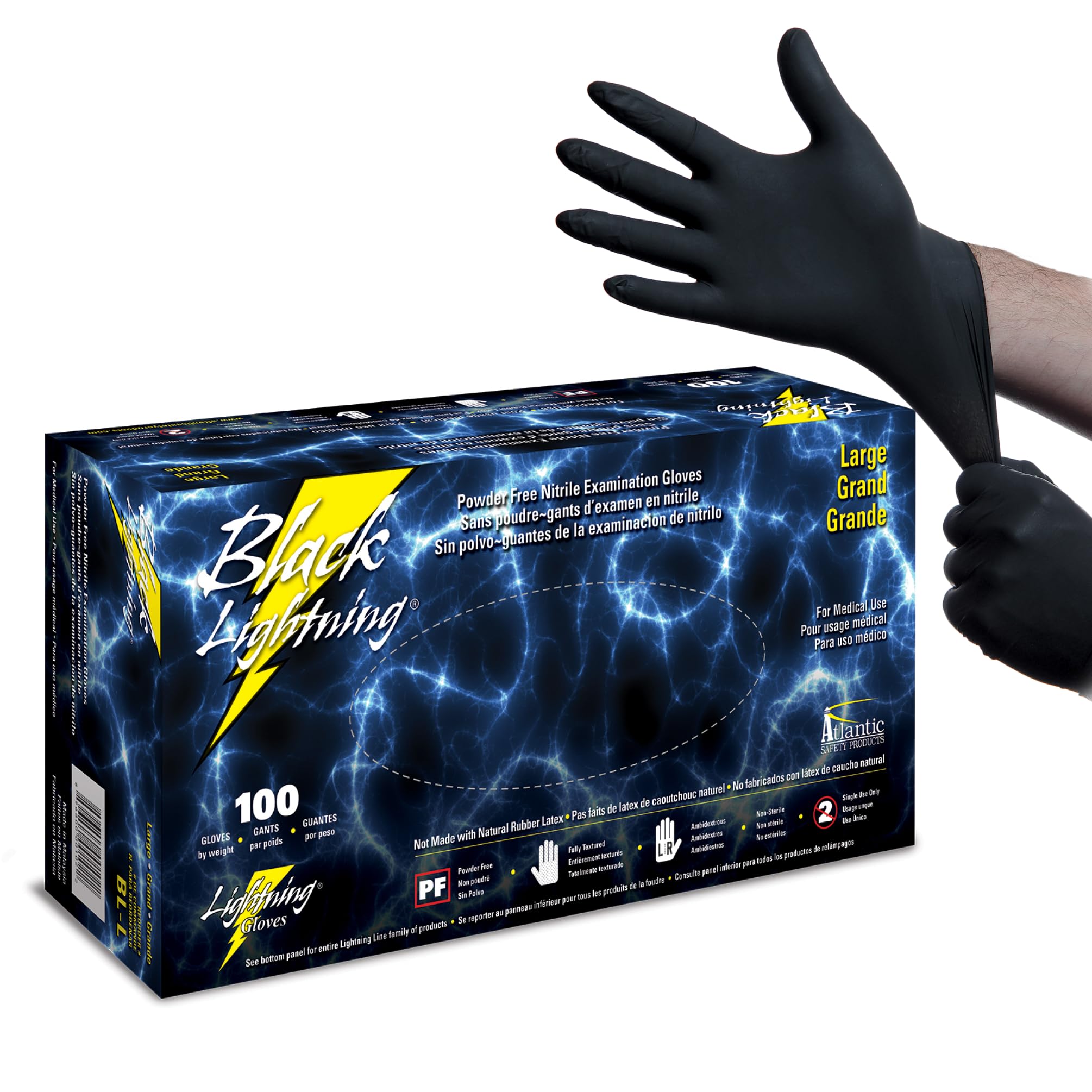 Atlantic Safety Products Black Lightning Exam Gloves, Disposable, Powder-Free Nitrile Gloves, Black, Large, 100-Ct