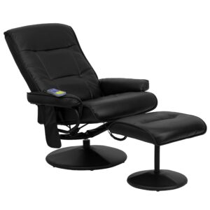 Flash Furniture Whitney Massaging Multi-Position Recliner with Side Pocket and Ottoman in Black LeatherSoft