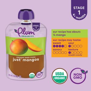 Plum Organics | Stage 1 | Organic Baby Food Meals [4+ Months] | Just Mango | 3.5 Ounce Pouch (Pack Of 12) Packaging May Vary