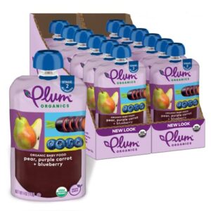 plum organics stage 2 organic baby food - pear, purple carrot, and blueberry - 4 oz pouch (pack of 12) - organic fruit and vegetable baby food pouch