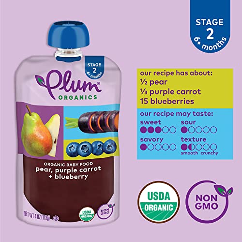 Plum Organics Stage 2 Organic Baby Food - Pear, Purple Carrot, and Blueberry - 4 oz Pouch (Pack of 12) - Organic Fruit and Vegetable Baby Food Pouch