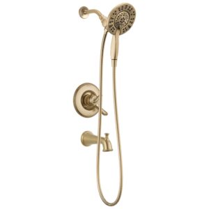 delta faucet linden 17 series dual-function tub and shower trim kit, shower faucet with 4-spray in2ition 2-in-1 dual hand held shower head with hose, champagne bronze t17494-cz-i (valve not included)