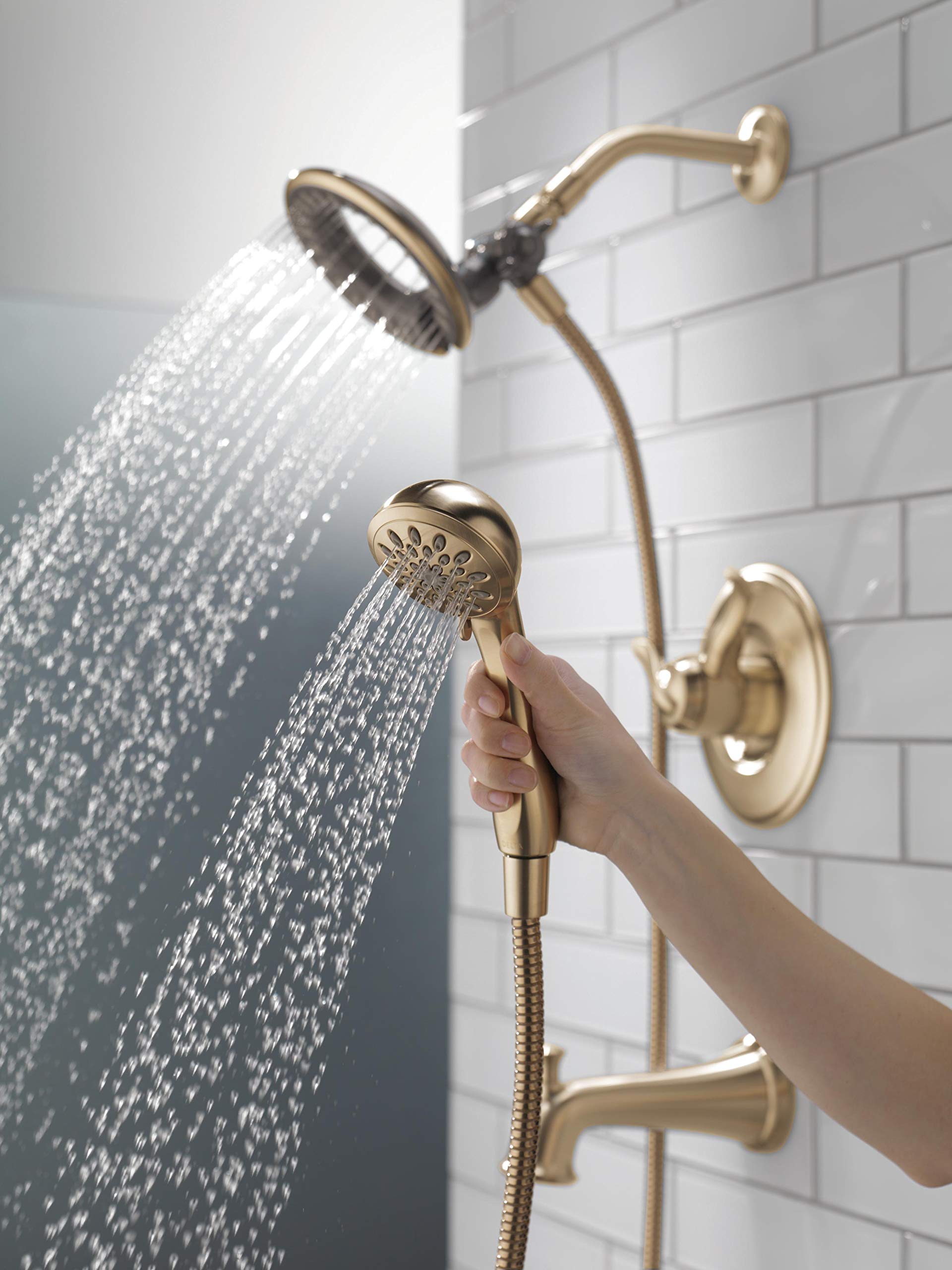 Delta Faucet Linden 17 Series Dual-Function Tub and Shower Trim Kit, Shower Faucet with 4-Spray In2ition 2-in-1 Dual Hand Held Shower Head with Hose, Champagne Bronze T17494-CZ-I (Valve Not Included)