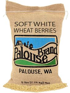 soft white wheat berries | 5 lbs | family farmed in washington state | 100% desiccant free | non-gmo project verified | 100% non-irradiated | kosher | field traced | burlap bag