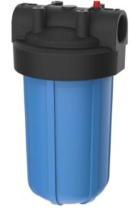 pentair pentek 150239 big blue filter housing, 1 1/2" npt #10 whole house heavy duty water filter housing with high-flow polypropylene (hfpp) cap and pressure relief button, 10-inch, black/blue