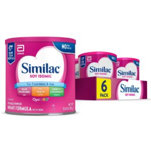 similac soy isomil infant formula, for fussiness & gas, plant-based protein, infant formula powder, 12.4-oz can, pack of 6