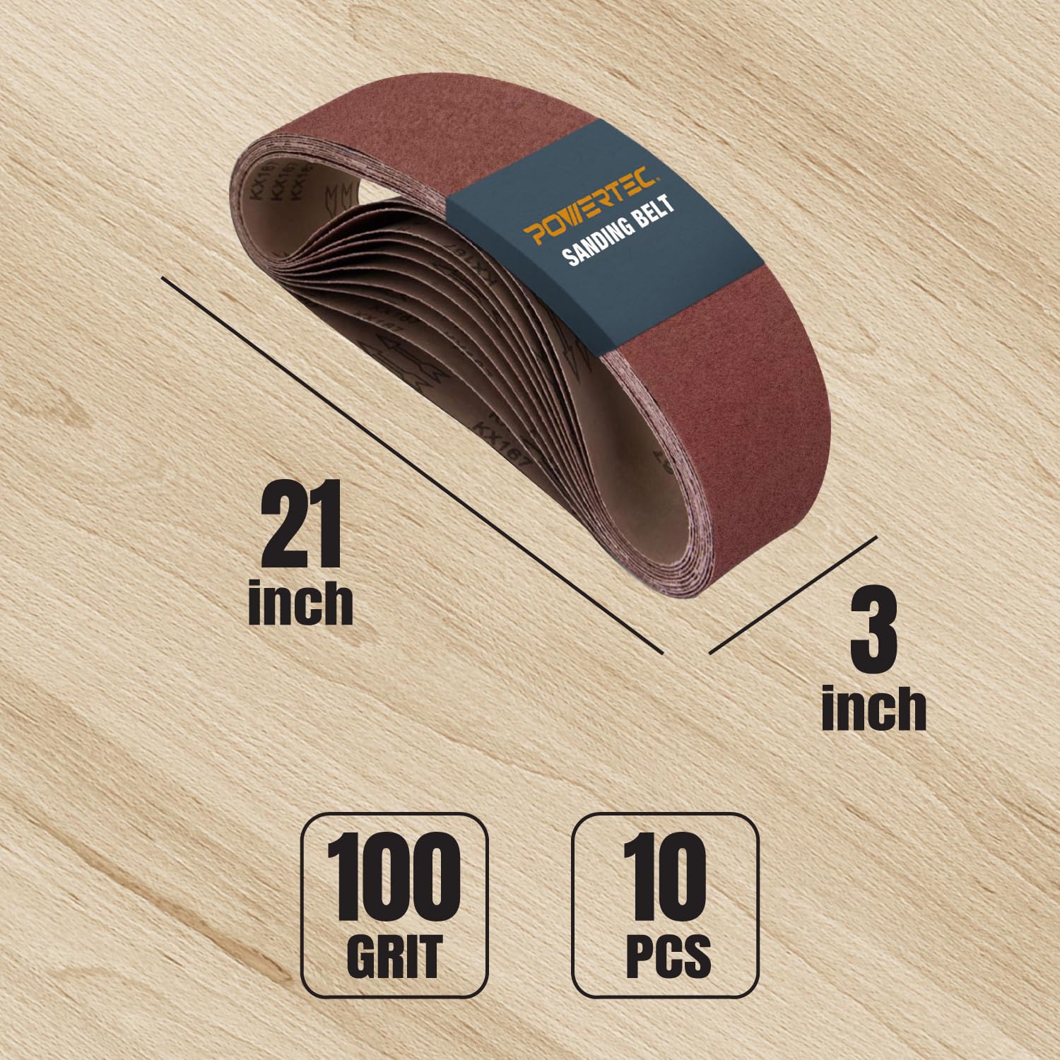 POWERTEC 3 x 21 Inch Sanding Belts, 100 Grit Aluminum Oxide Belt Sander Sanding Belt for Portable Belt Sander, Wood & Paint Sanding, Metal Polishing, 10PK (110440)