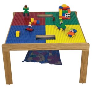 fun builder table-compatible with duplo® brand blocks, with 2 mesh nets-32" x 32", premium series-made in usa-frames full assembled-solid wood legs and frame, ages 5 and younger