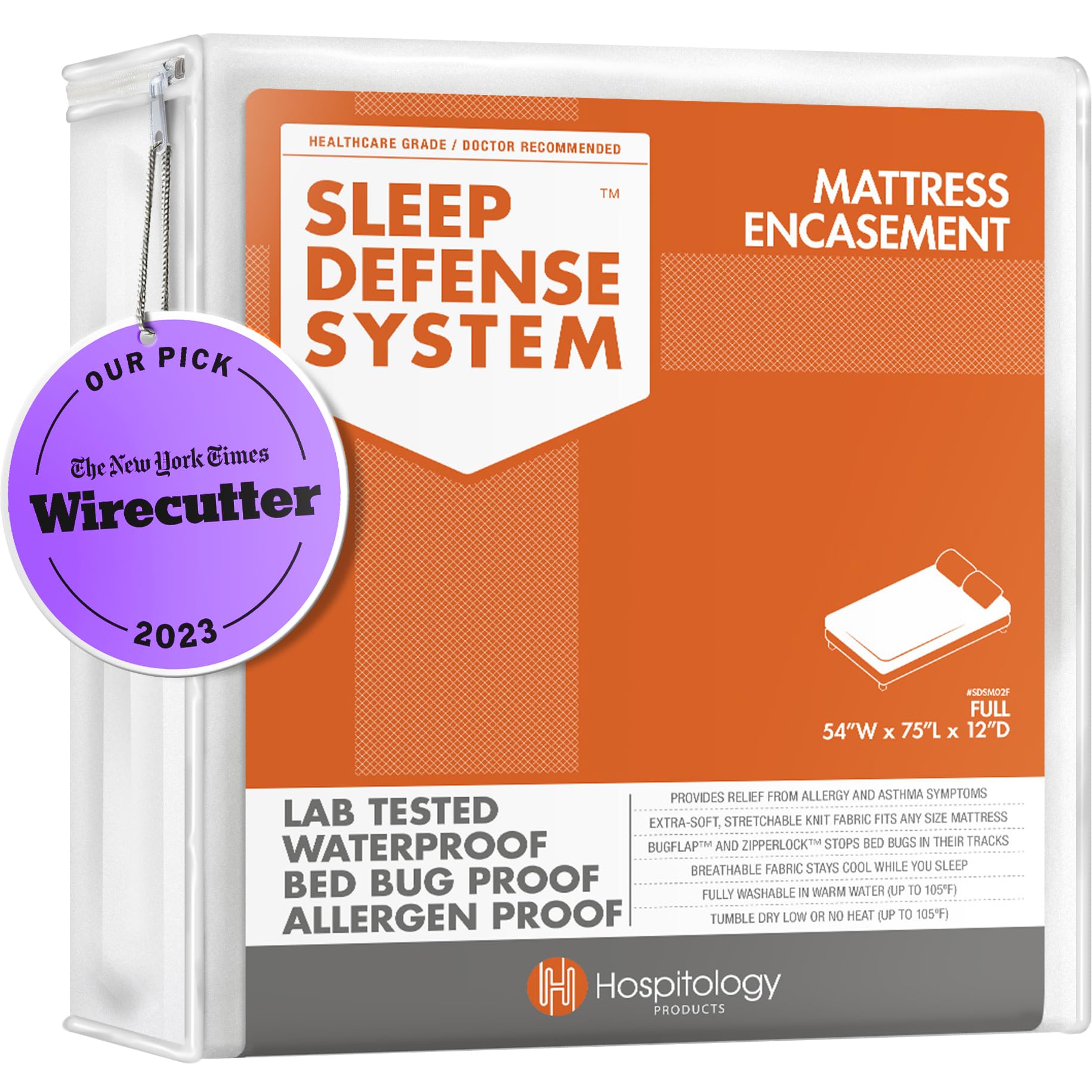 HOSPITOLOGY PRODUCTS Mattress Encasement - Zippered Bed Bug Dust Mite Proof Hypoallergenic - Sleep Defense System - Full/Double - Waterproof - Stretchable - Standard 12" Depth - 54" W x 75" L