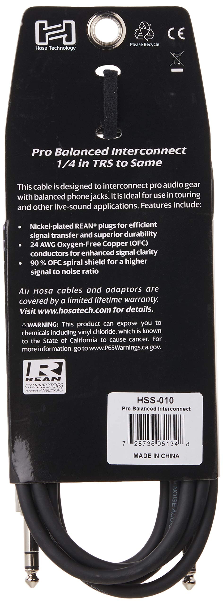 Hosa HSS-010 REAN 1/4" TRS to REAN 1/4" TRS Pro Balanced Interconnect, 10 Feet, Speaker