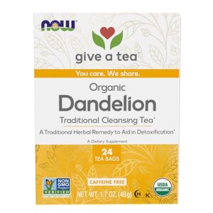 now foods, certified organic dandelion traditional cleansing herbal tea, caffeine-free, non-gmo, premium unbleached tea bags with no-staples design, 24-count