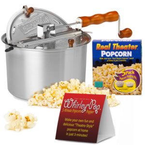 original whirley pop popcorn maker - 6 quart stovetop popcorn popper with five popping kits, aluminum popcorn pot with metal gears, wabash valley farms stove top popcorn maker, popcorn pan (silver)
