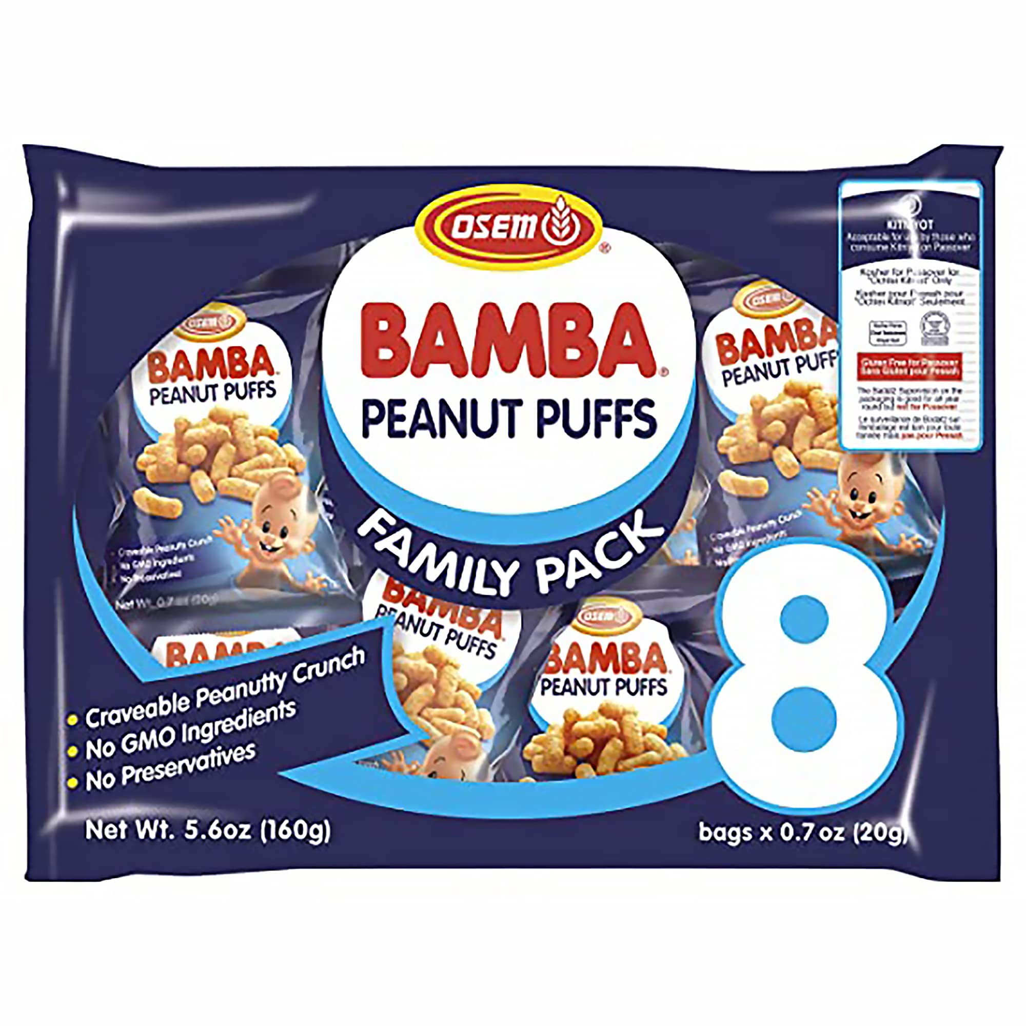 Osem Bamba Peanut Snacks for Families - All Natural Peanut Puffs Family Pack (Pack of 8 x 0.7oz Bags) - Peanut Butter Puffs made with 50% peanuts.