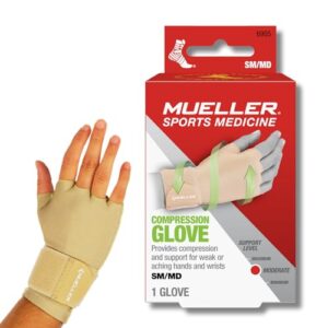 mueller sports medicine arthritis compression glove, hand and wrist support, fits right or left hand, for men and women, beige, small/medium