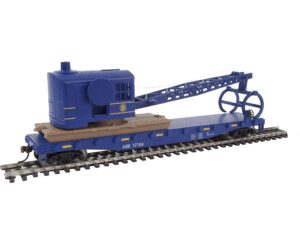 walthers trainline ho scale model flatcar with logging crane - alaska railroad 17104, blue