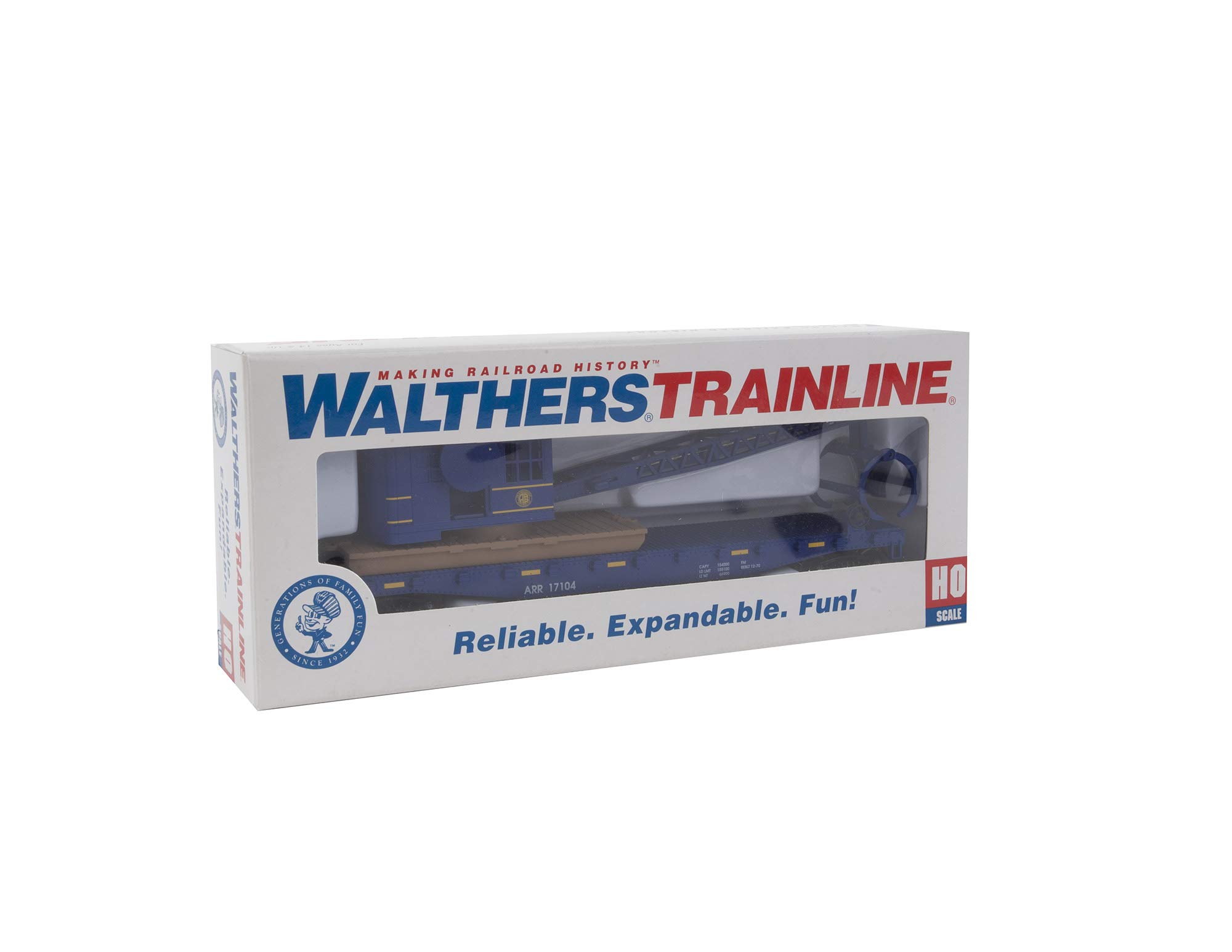 Walthers Trainline HO Scale Model Flatcar with Logging Crane - Alaska Railroad 17104, Blue