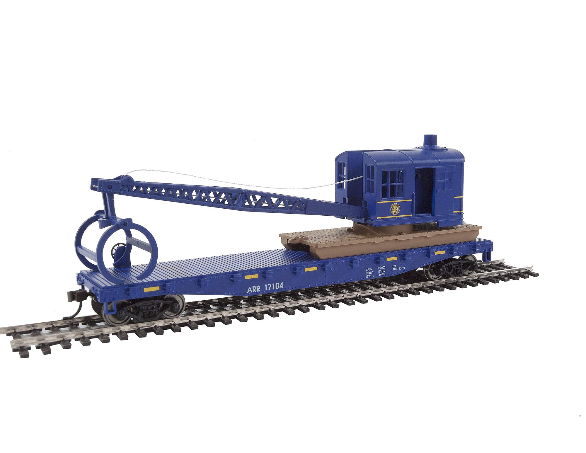 Walthers Trainline HO Scale Model Flatcar with Logging Crane - Alaska Railroad 17104, Blue