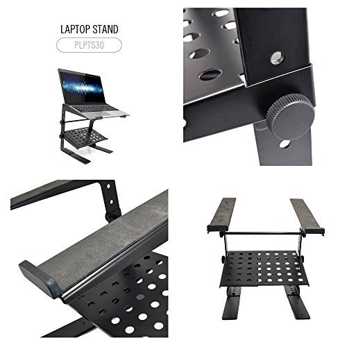 Pyle Portable Adjustable Laptop Stand - 6.3 to 10.9 Inch Standing Table Monitor or Computer Desk Workstation Riser with Shelf Storage and Height Alignment for DJ, PC, Gaming, Home or Office - PLPTS30