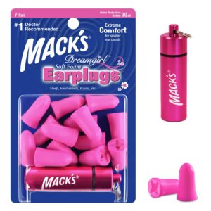 mack’s dreamgirl soft foam earplugs, 7 pair with travel case - small ear plugs for sleeping, snoring, studying, loud events, traveling and concerts