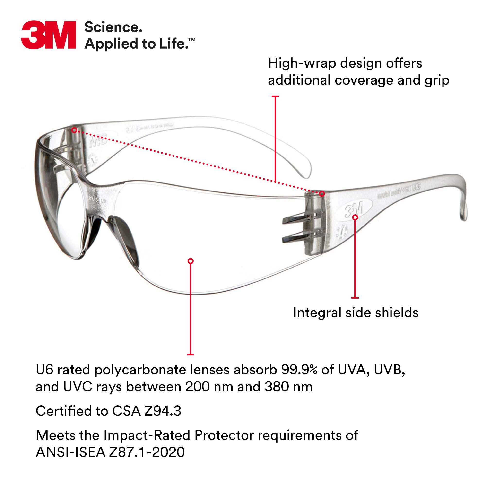 3M Safety Glasses, Virtua, 20 Pair, ANSI Z87, Anti-Fog Scratch Resistant Clear Lens, Clear Frame, Wraparound Coverage