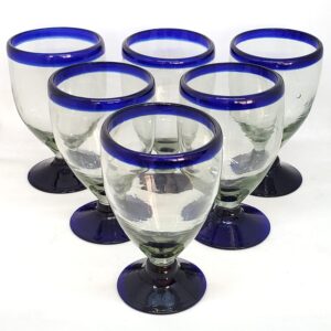 cobalt blue rim 12 oz short stem wine glasses (set of 6), recycled glass, lead-free, toxin-free (12oz short stem)