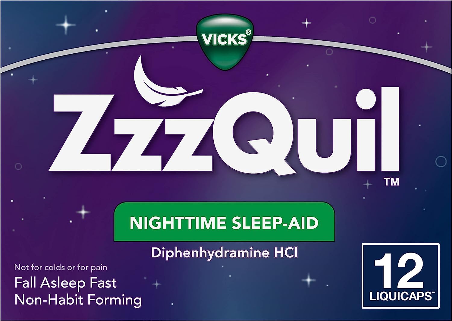 ZzzQuil, Nighttime Sleep Aid LiquiCaps, 25 mg Diphenhydramine HCl, No.1 Sleep-Aid Brand, Non-Habit Forming, Fall Asleep Fast, 12 Count