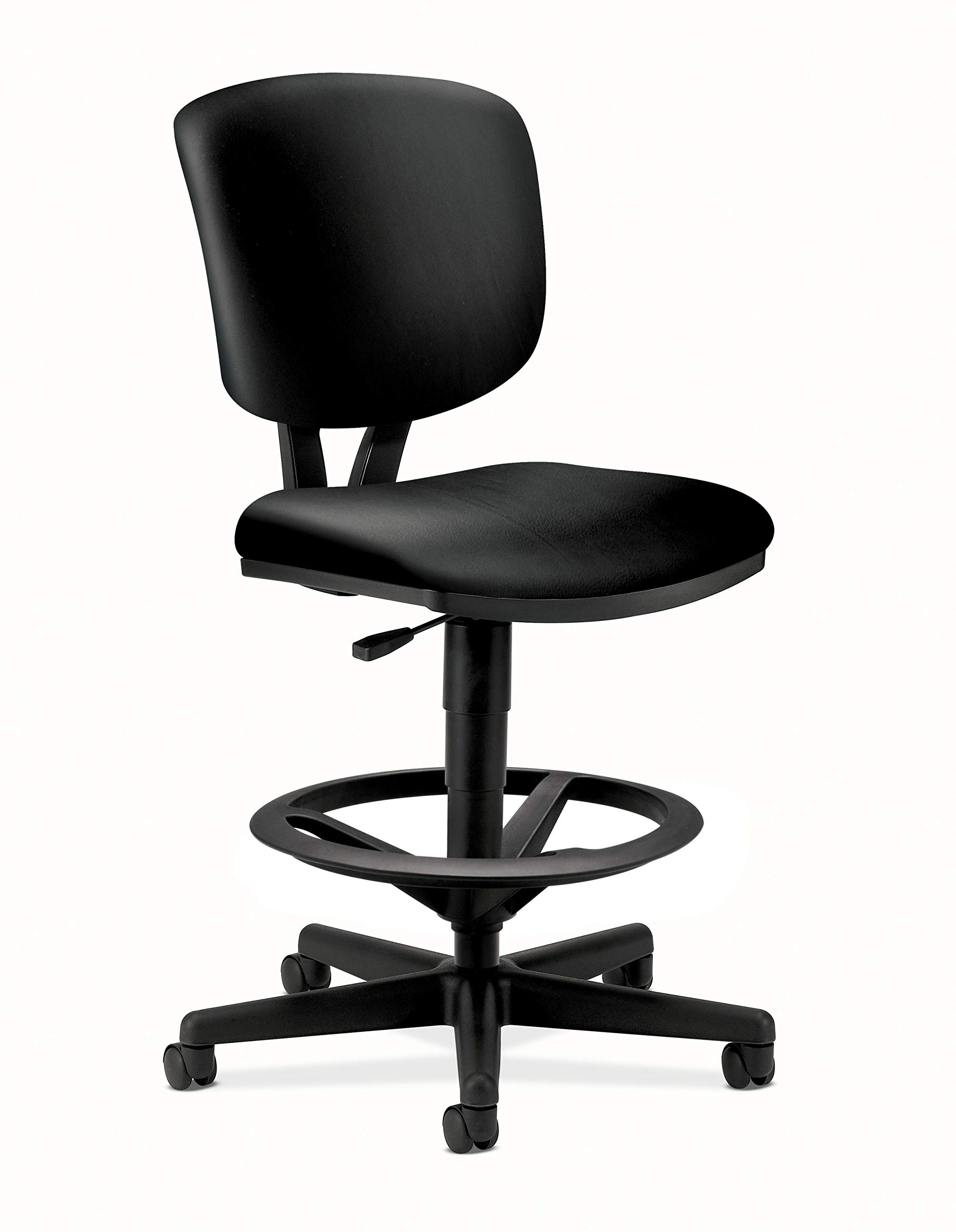 HON, Black Volt Leather Office Chair Sit-To-Stand Seating, Foot Ring, 250lb Max Weight With Wheels for Computer/Desk, Task Stool