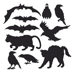 beistle 10 piece assorted cat/bat/crow printed cardstock paper cut out silhouettes happy halloween scary party wall decorations, 5" - 12.5", black