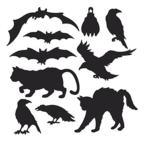 Beistle 10 Piece Assorted Cat/Bat/Crow Printed Cardstock Paper Cut Out Silhouettes Happy Halloween Scary Party Wall Decorations, 5" - 12.5", Black