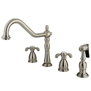 kingston brass kb1798txbs french country widespread kitchen faucet with brass sprayer, brushed nickel