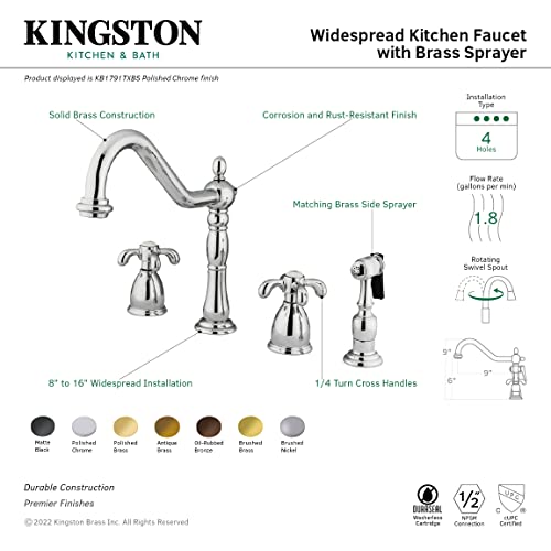 Kingston Brass KB1798TXBS French Country Widespread Kitchen Faucet with Brass Sprayer, Brushed Nickel
