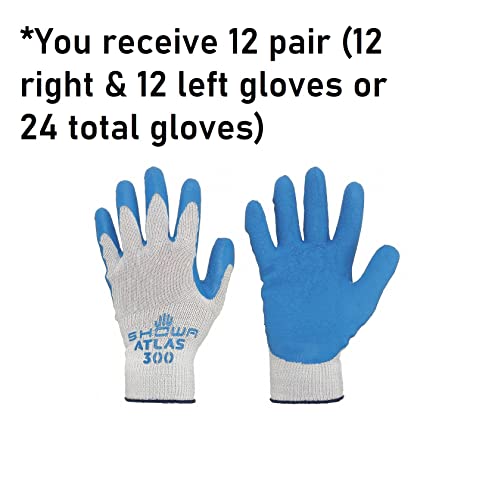 SHOWA Atlas 300 Natural Latex Palm Coated General Purpose Work Glove, Blue, Medium (Pack of 12 Pair)