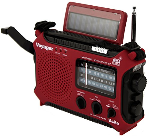 Kaito KA500IP-RED Voyager Solar/Dynamo AM/FM/SW NOAA Weather Radio with Alert and Cell Phone Charger, Red