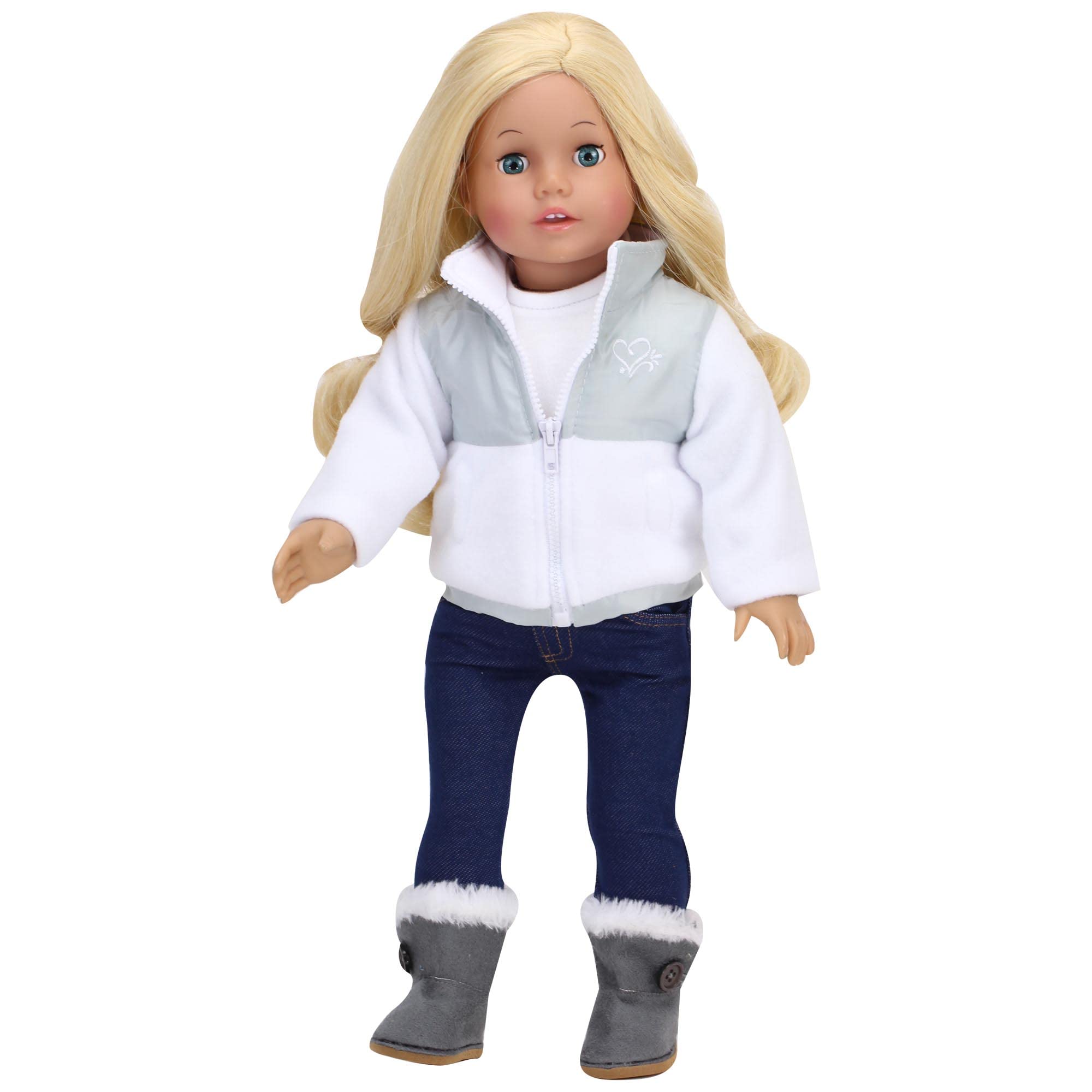 Sophia's 18" Doll White Fleece Zip Jacket and Faux Suede Gray Boots with Faux Fur Lining