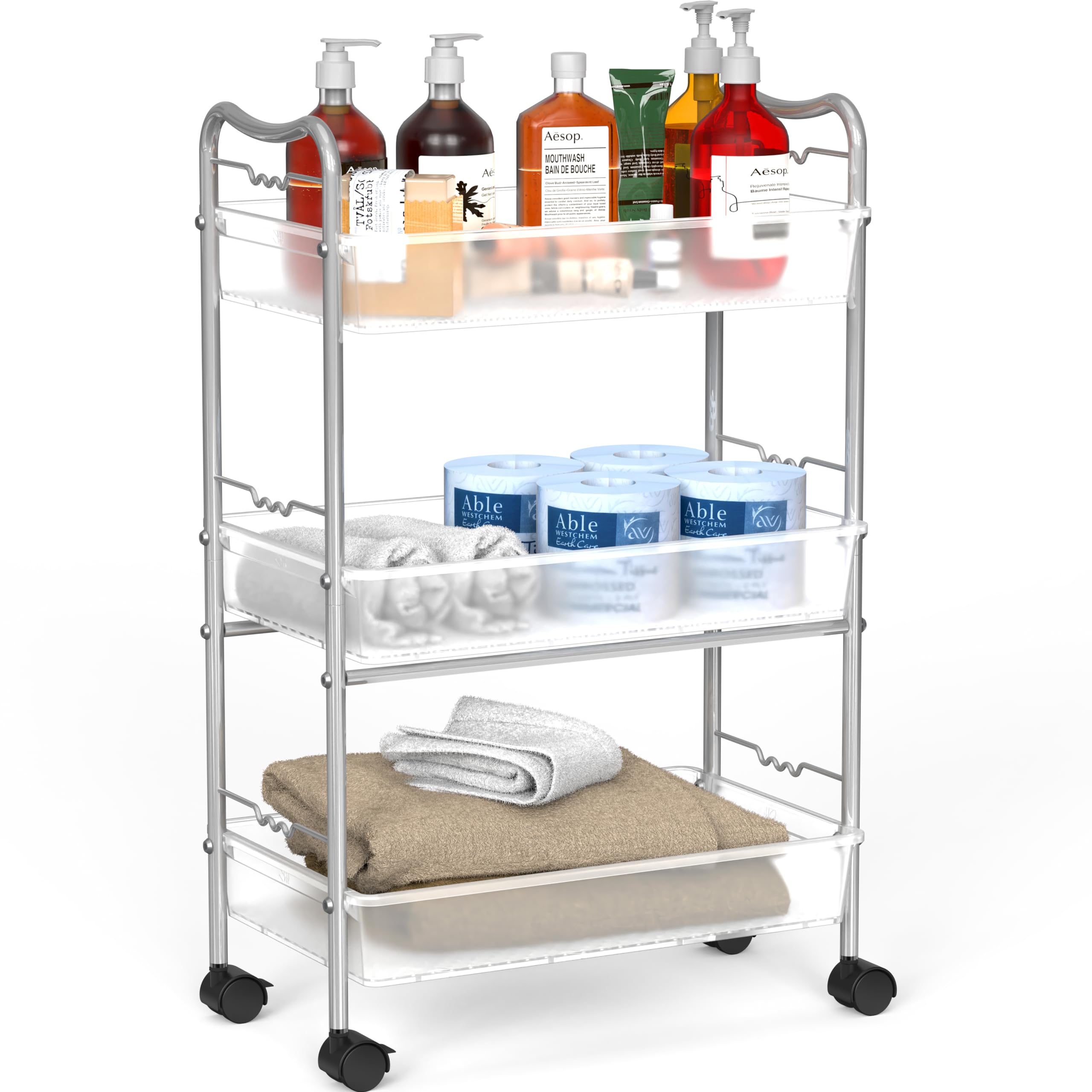 DecoBros 3-Tier Metal Utility Rolling Cart, Silver