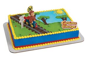 decoset® curious george train cake topper, 4-piece set, keepsake figures for hours of fun, create an adorable birthday centerpiece