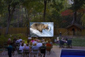 quikscreen complete theater system! 12’ projection screen with hd savi 4000 lumen projector, sound system, streaming device w/wifi, lockable storage cabinet (bt-100)