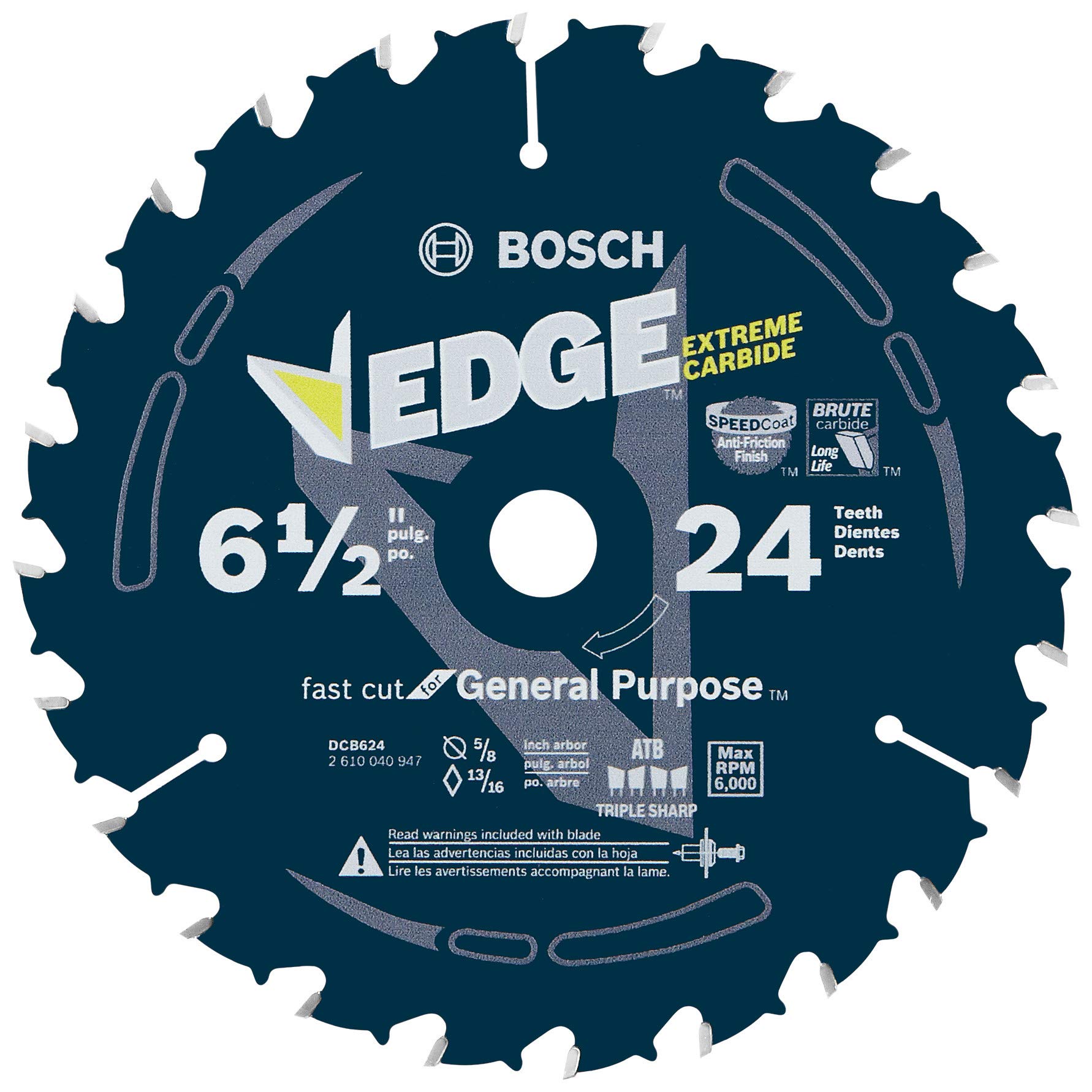 BOSCH DCB624 6-1/2 In. 24 Tooth Edge Circular Saw Blade for General Purpose