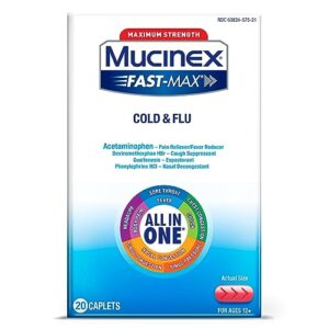mucinex fast-max max strength cold and flu medicine for adults, daytime cold medicine, over-the-counter medication with acetaminophen, dextromethorphan hbr, guaifenesin, phenylephrine hcl, 20 caplets