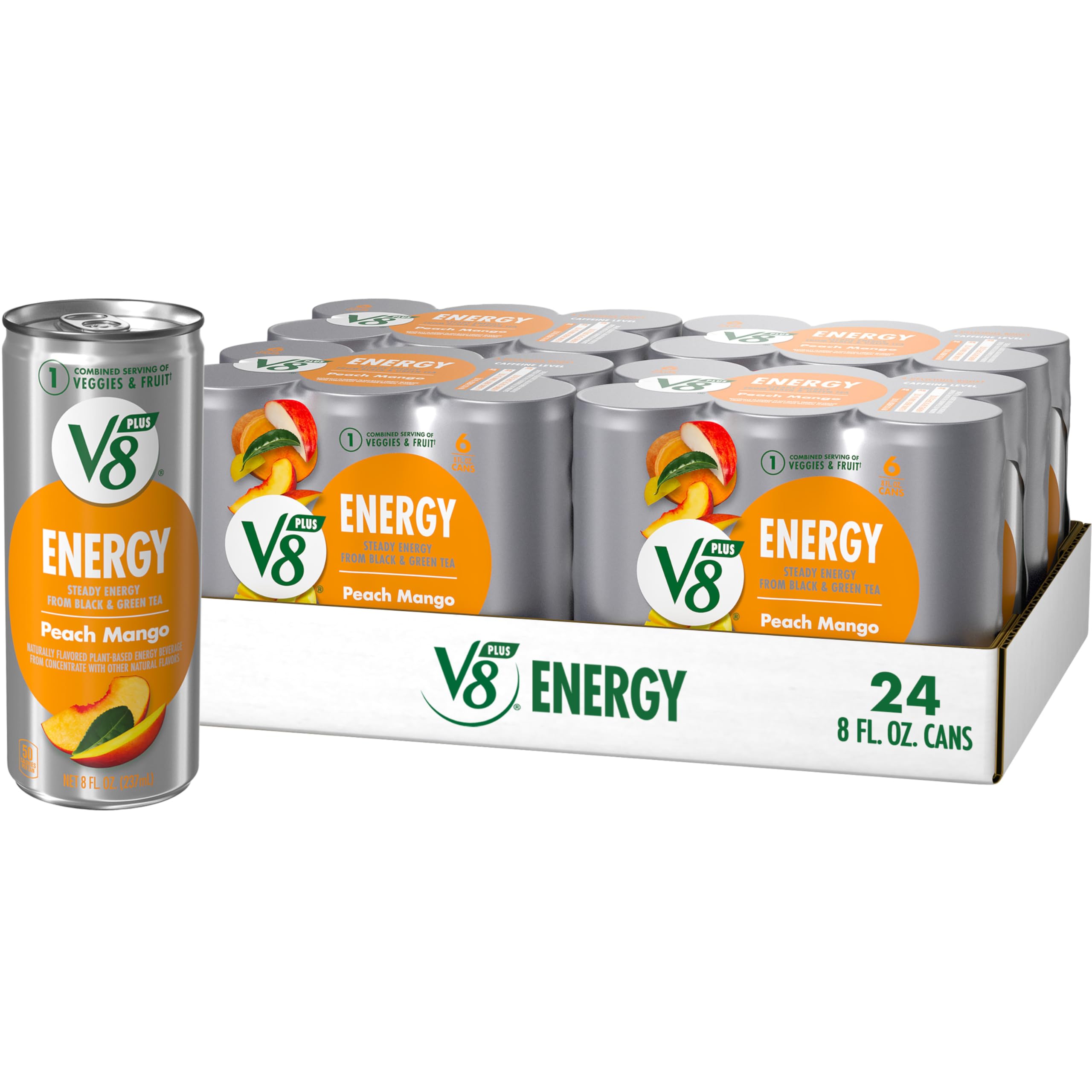 V8 +ENERGY Peach Mango Energy Drink Made with Real Vegetable and Fruit Juices, 8 FL OZ Can (4 Packs of 6 Cans)