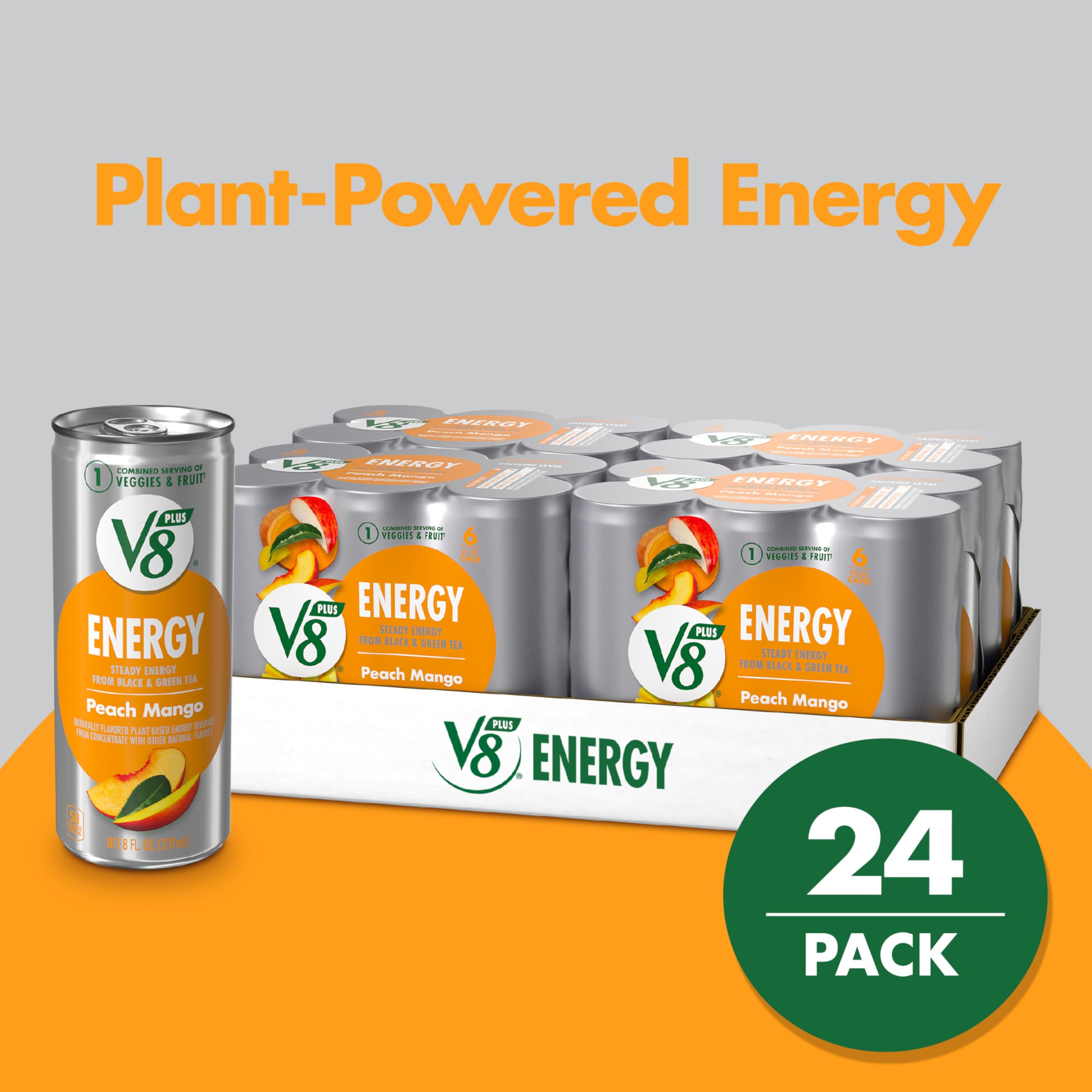 V8 +ENERGY Peach Mango Energy Drink Made with Real Vegetable and Fruit Juices, 8 FL OZ Can (4 Packs of 6 Cans)