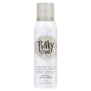 punky temporary hair and body glitter color spray, travel spray, lightweight, adds sparkly shimmery glow, perfect to use on hair, skin, or clothing, 3.5 oz - silver