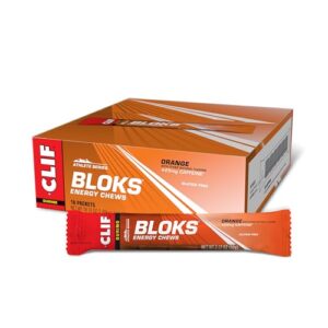 clif bloks - orange flavor with caffeine - energy chews - non-gmo - plant based - fast fuel for cycling and running - quick carbohydrates and electrolytes - 2.12 oz. (18 count)
