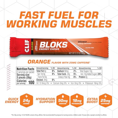 CLIF BLOKS - Orange Flavor with Caffeine - Energy Chews - Non-GMO - Plant Based - Fast Fuel for Cycling and Running - Quick Carbohydrates and Electrolytes - 2.12 oz. (18 Count)