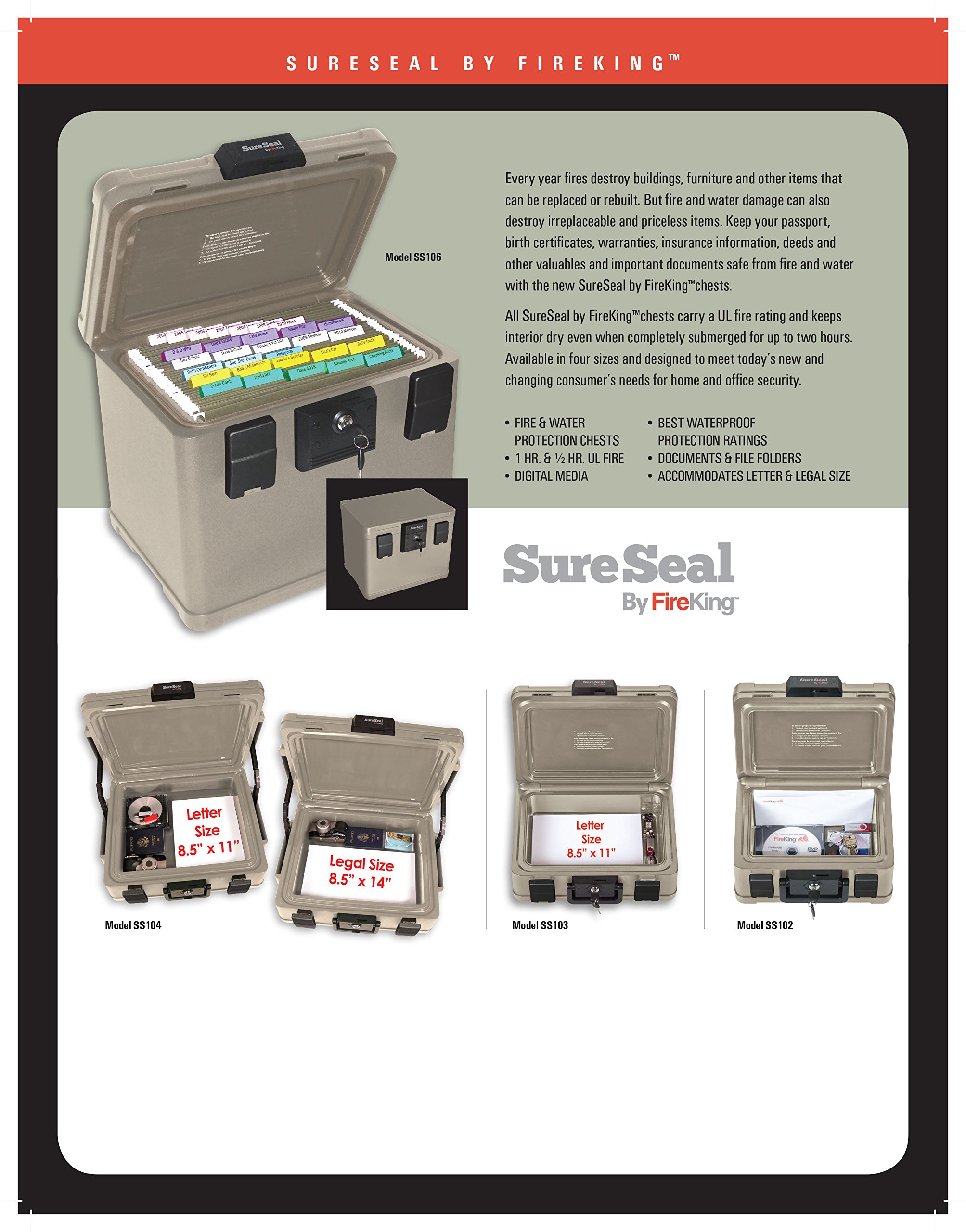 SureSeal by FireKing SS104-A 1 Hour Fireproof Waterproof Safe Chest, Fits Legal/Letter Sized Documents,0.38 CU FT Storage Capacity,Taupe