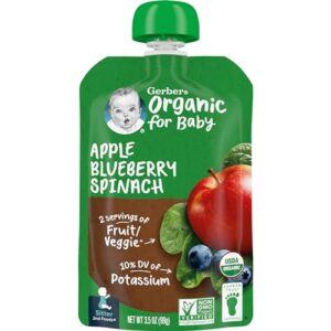gerber organic baby food pouches, 2nd foods for sitter, apple blueberry spinach, 3.5 ounce (pack of 12)