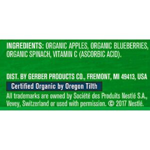 Gerber Organic Baby Food Pouches, 2nd Foods for Sitter, Apple Blueberry Spinach, 3.5 Ounce (Pack of 12)